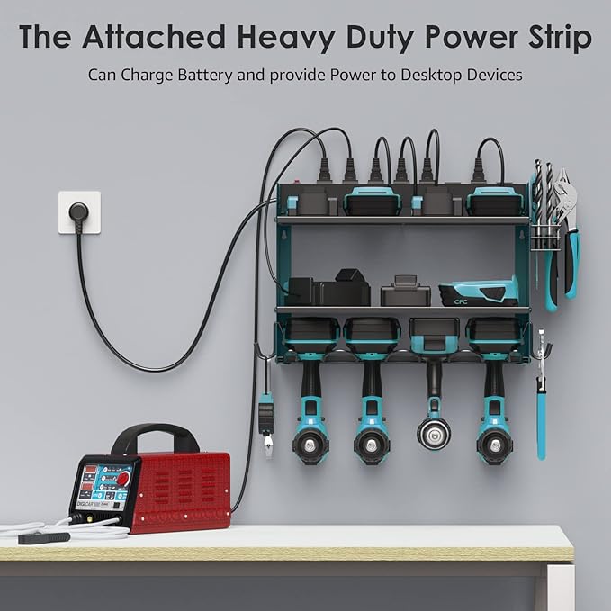 CCCEI Modular Power Tool Organizer Wall Mount with Charging Station. Garage 4 Drill Storage Shelf with Hooks, Drill Bit Heavy Duty Rack, Navy Blue Tool Battery Holder Built in 8 Outlet Power Strip.