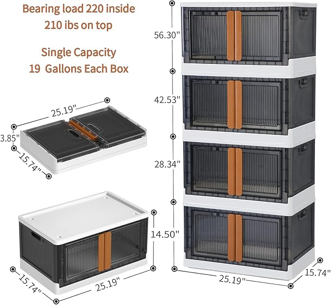 Storage Cabinet - Room Organizer, Plastic Shelves Organizer, Storage Bins with Lids, Collapsible Outdoor Storage Box, 19 Gal Office Organization, Stackable Bookshelf, 4 Pack Cube Storage Organizer