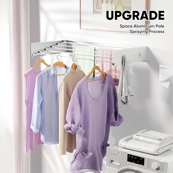 Clothes Drying Rack 31.5 inches Foldable Wall Mount Laundry Rack Folding Indoor Drying Rack Clothing Collapsible Hidden Space Saver with Wall Template 5 Rods White