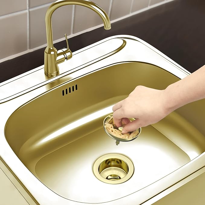 BOTEMY Stainless Steel Gold Sink Drain Strainer Kit 3-1/2 inch Kitchen Drain Assembly with Metal Center Knob Basket Stopper Replacement for Standard Kitchen Sinks