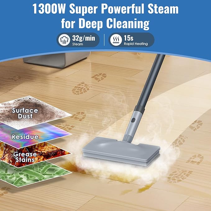 FEPPO Steam Mop with Detachable Handheld Steam Cleaner for Home and Floor Cleaning, 10-in-1 Multi-purpose Attachments & 2 Pads, Powerful Steamer for Floors, Hardwood, Tiles,Grout,Windows,Kitchen,Bath