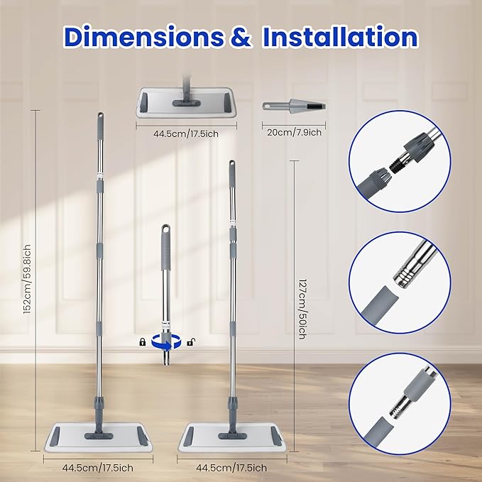 Microfiber Flat Mop for Floor Cleaning - Wet & Dry Mop for Hardwood, Vinyl, Tile Floors with 4 Reusable Washable Pads, Stainless Steel Adjustable Handle, 360° Rotatable Head