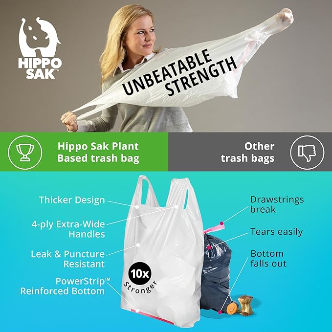 Hippo Sak - Plant Based Tall Kitchen Garbage Bags with Ergonomic Handles - 13 Gallon Trash Bags - Recyclable & Reduced Carbon Footprint - Super Strong and Leak Proof Tall Kitchen Trash Bags (45 Count)