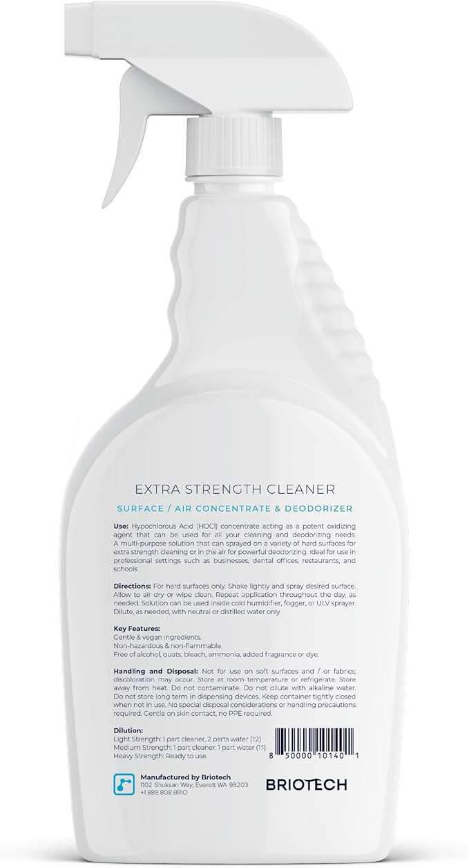 BRIOTECH Extra Strength HOCl Cleaner, 500 PPM Hypochlorous Acid Concentrate, ULV Foggers & Humidifiers, Professional Deodorizer for Dental, Offices, Schools, Homes, Peroxide Free, 32 fl oz (12 Pack)