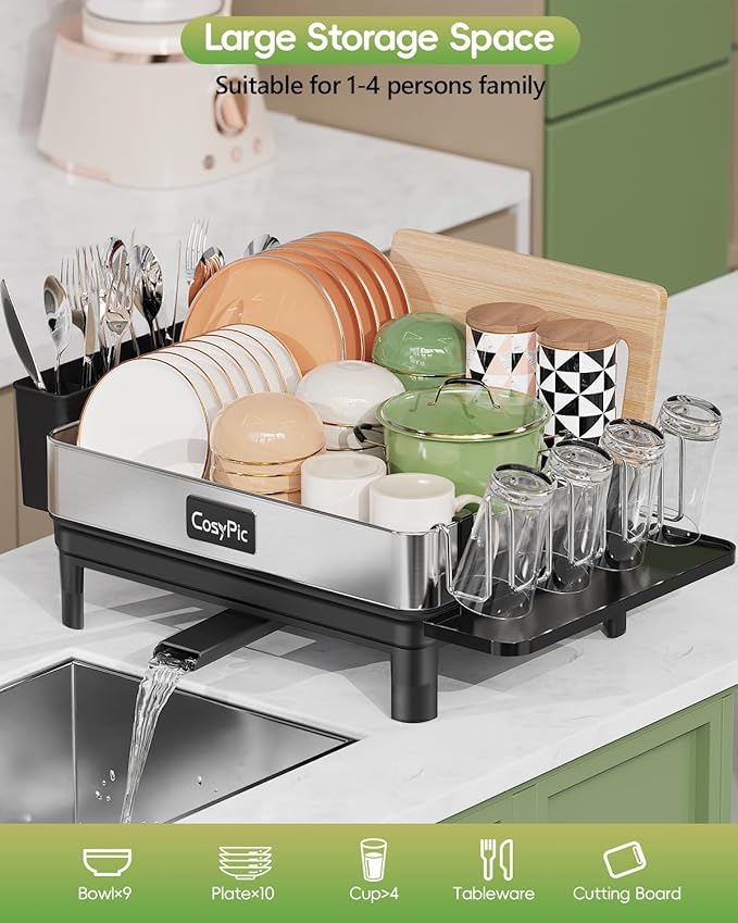 Dish Racks, Thicker Premium 304 Stainless Steel Dish Drying Rack for Kitchen Counter, Automatic Drainage Spout, Dish Drainer & Drainboard Set with Utensil Holder and Cup Holder, Black