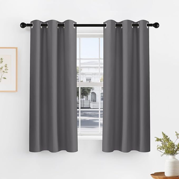 PONY DANCE Kitchen Curtains 45 inch Length - Thermal Insulated Noise Reducing Energy Efficiency Small Window Decor for Bedroom Bathroom, 29 inches Wide x 45 inches Long, Gray, 1 Pair