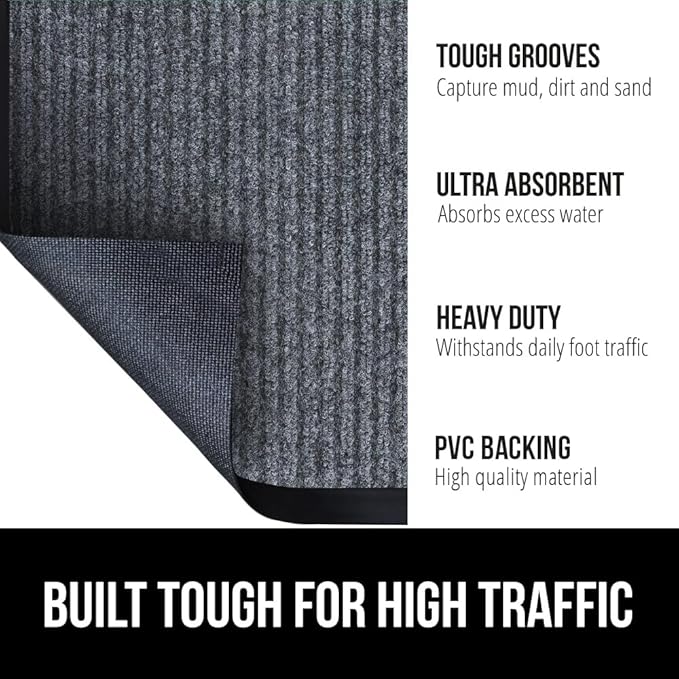 GORILLA GRIP Traffic Guard Door Mat, Heavy Duty Welcome Mats, Commercial Office Space Doormat, Waterproof, Fade Resistant, Strong Rubber Backing, Low Profile, Shoe and Boot Scraper, 35x23, Gray