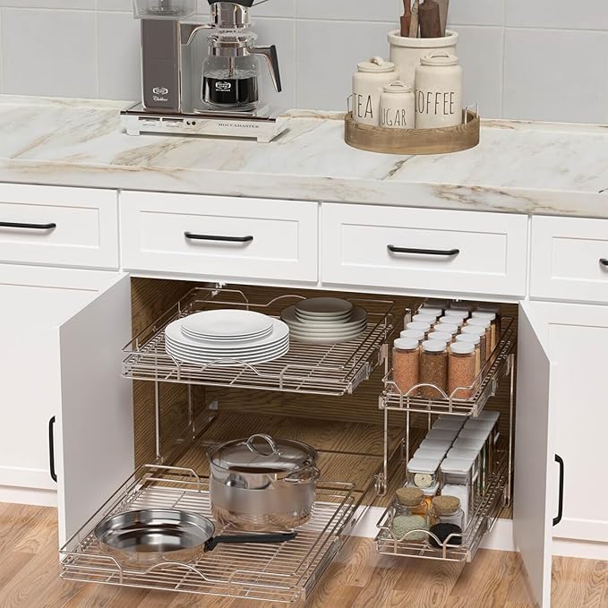 OCG 2 Tier Pull Out Cabinet Organizer (22.5" W x 21.5" D), Pull Out Drawers for Kitchen Cabinets, Pull Out Shelves for Base Cabinet Organization in Kitchen Bathroom Pantry, Chrome Finish