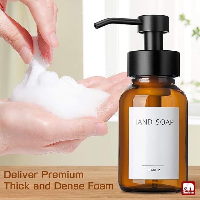 GMISUN Foaming Soap Dispenser, 8.5 fl oz / 250ml Amber Glass Foam Soap Dispenser for Bathroom & Kitchen, 2 Pack Modern Refillable Foaming Hand Soap Dispensers, Foam Pump Bottle with Waterproof Labels