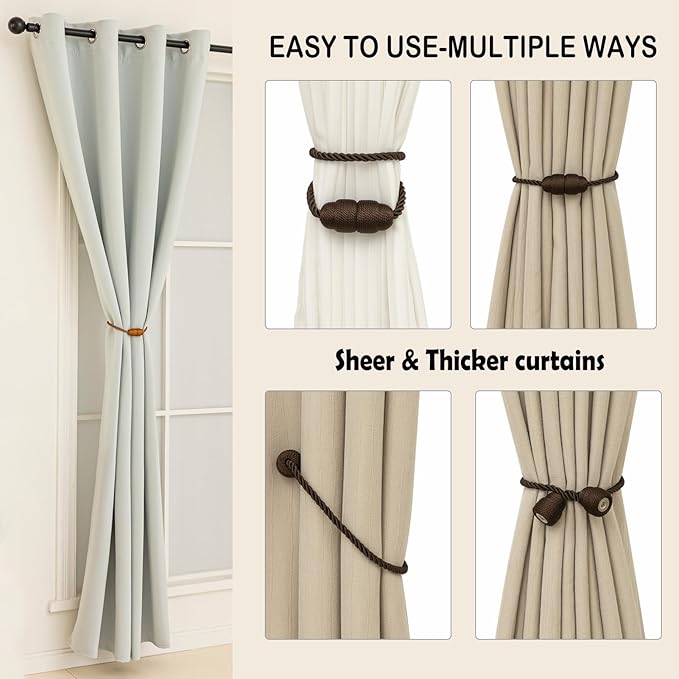Magnetic Curtain Tiebacks Rope Curtain Tie Backs for Curtains 8 Pack Curtain Holders for Drapes Decorative Window Curtain Holdbacks, Coffee
