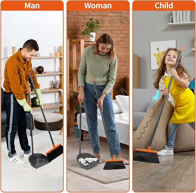 Long Handle Broom with Upright Standing Dustpan Combo for Office Home Kitchen Lobby Floor Cleaning