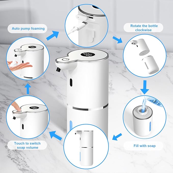 Automatic Foaming Soap Dispenser,6 Level Adjustable Foam, Wall Mount Soap Dispenser,USB Rechargeable with LED Display,12.8oz/ 380ml Touchless Hand & Dish Dispenser for Bathroom, Kitchen