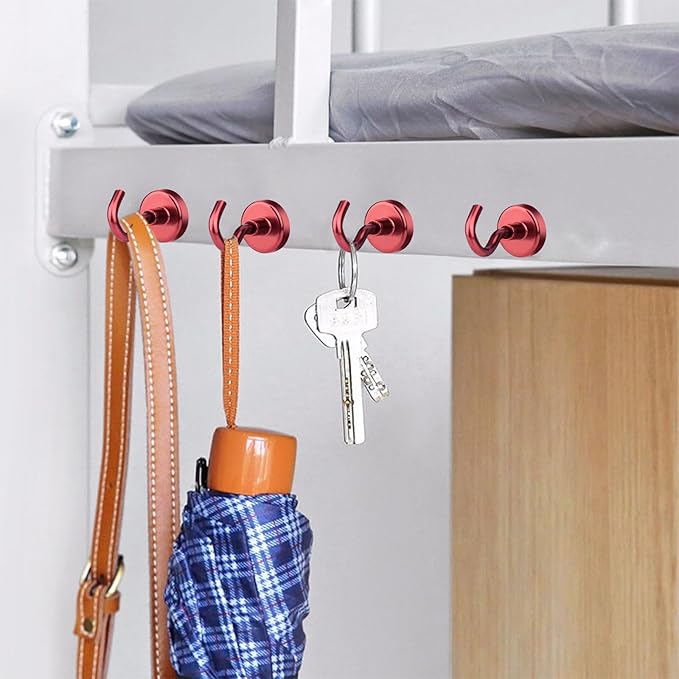 MIKEDE Magnetic Hooks Heavy Duty, 40 Lbs Magnet with Hooks for Cruise Cabins, Strong Magnets Neodymium for Hanging, Magnetic Wall Hooks for Refrigerator, Locker, Workplace(Red, 4 Pack)