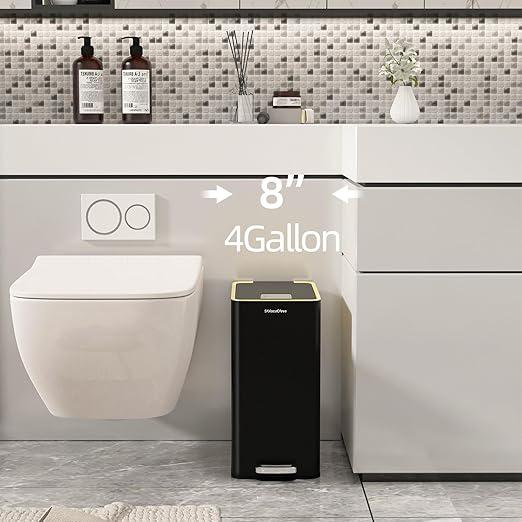 Stainless Steel Trash Can with Soft Close Lid,15 Liter/4 Gallon Garbage Can Kitchen Removable Wastebasket, Rectangular for Bathroom, Office (Black)