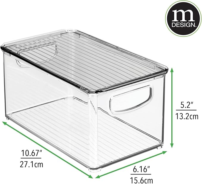 mDesign Plastic Deep Storage Bin Box Container with Lid and Built-In Handles - Organization for Fruit, Snacks, or Food in Kitchen Pantry, Cabinet, Cupboard, Ligne Collection, 4 Pack, Clear/Smoke Gray