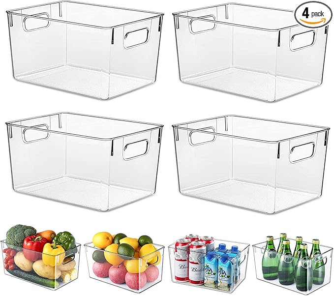 Fridge Clear Plastic Storage Bins, 4 Pack Pantry Organizers & Storage Containers, Cabinet Organizer, Home Organization Must Haves for Kitchen, Laundry Room, Office, Closet & Freezer