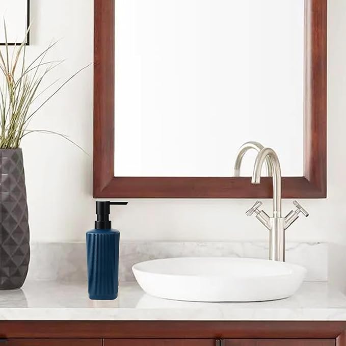 12 oz Glass Soap Dispenser with Vertical Stripe with Black Plastic Rustproof Pump, Small Refillable Soap Dispenser for Kitchen and Bathroom (Dark Blue)
