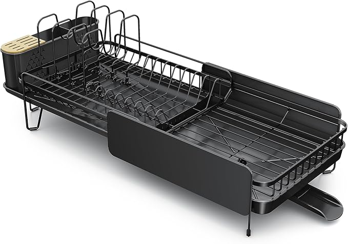 Large Dish Drying Rack - Expandable (19.3" to 29.4") Dish Rack for Kitchen Counter, Stainless Steel Dish Drainer with Utensil Holder, Pan Holder & Pot Lid Holder, Black