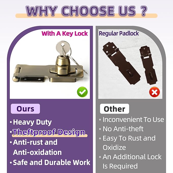 Alise Keyed Hasp Lock,4 Inch Safety Packlock Clasp Hasp Lock Latch with Lock,Door Hinge Lock with Keys Keyed Locking Hasp for Cabinets Closets Doors,Bronze