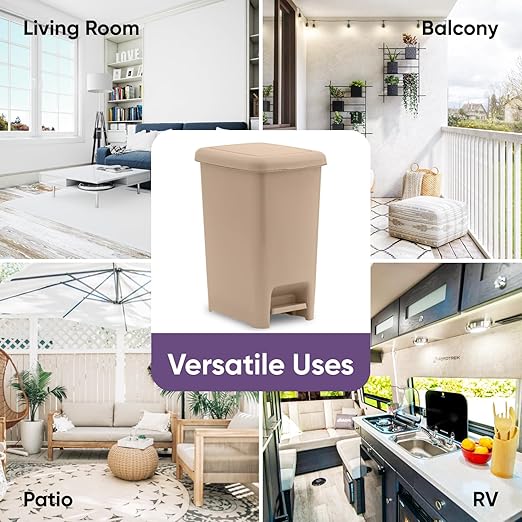 Superio Slim Step On Trash Can, Beige Waste Bin with Foot Pedal Lid 26 Liter, Kitchen, Under Desk, Office, Bedroom, Bathroom (2, 2.5 Gallon)