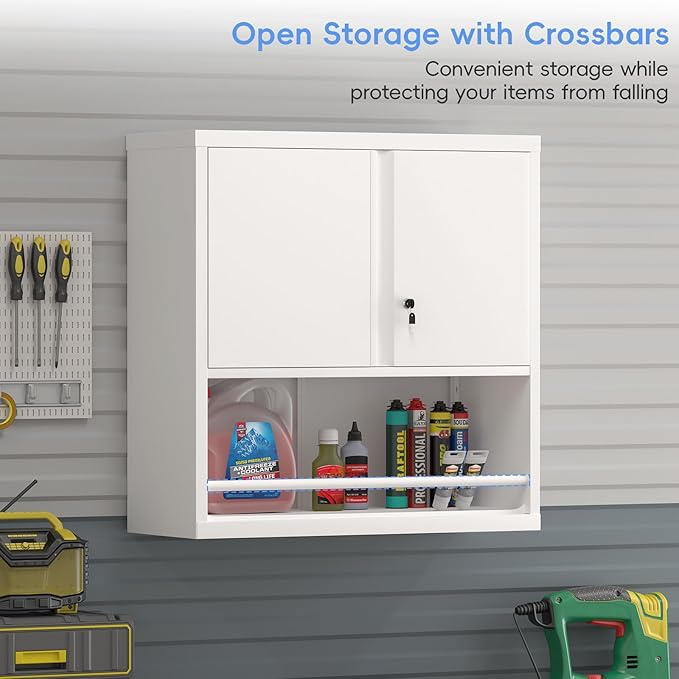 Metal Wall Storage Cabinet, Steel Storage Cabinets with Locking Doors and Shelves, Hanging Cabinet with Guard Bar, Ideal for Kitchen, Laundry, Home Office