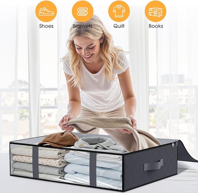StorageRight Under Bed Storage Bins, 4-Pack 40L Foldable Fabric Storage Bags with Transparent Window, Breathable Organizer for Clothes/Blanket/Comforter/Quilt, Grey