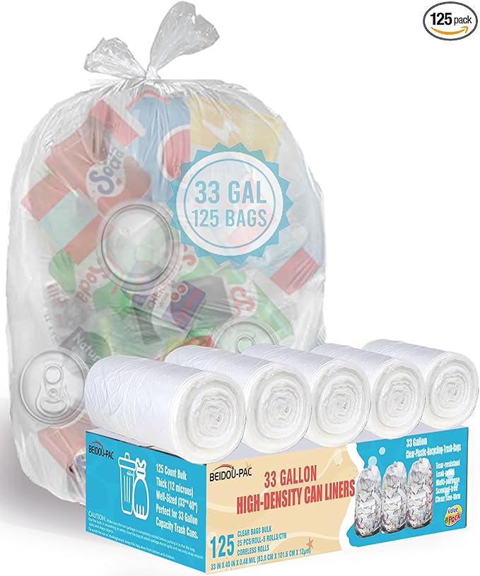 33 Gallon Trash Bags, 125 Count Bulk, Heavy Duty Clear Plastic Recycling Bags, Multi-purpose Garbage Bags for Home Commercial, Outdoor, Construction, Industrial, Lawn, Leaf