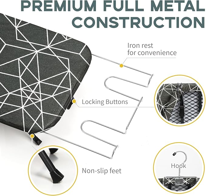 Mini Ironing Board Tabletop Foldable, RAINHOL Space-Saving Iron Board, Compact and Portable for Travel and College, with Hook and Iron Holder, Steel Mesh, 31" x 12", Black and White Stripes