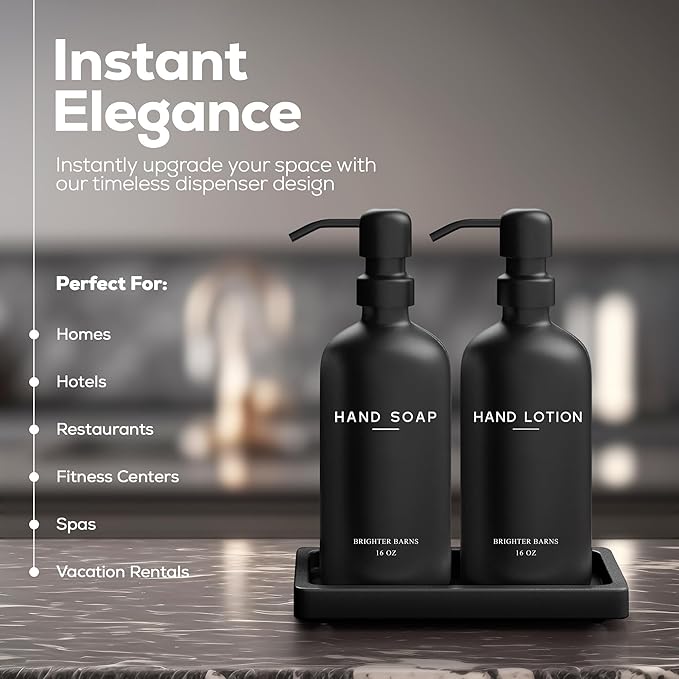 Black Glass Soap and Lotion Dispenser Set with Tray by Brighter Barns - Hand Soap Dispenser Bathroom Set & Stainless Steel Pump for Home - Modern Bathroom Accessories, Modern Decor (Black)