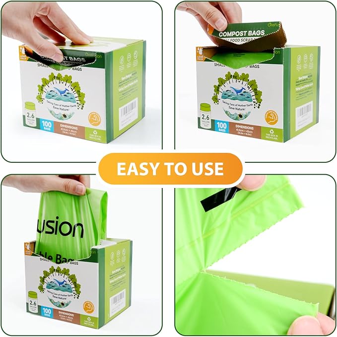 GreFusion 2.6 Gallon Compostable Trash Bags, 100 Count, Extra Thick 0.71 Mil, Certified by BPI and ASTM D6400, Perfect Fit for Small Trash Cans
