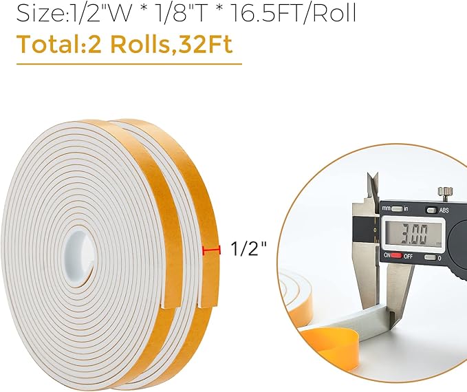 32 Feet Weather Stripping Door Seal, 1/2" Wide X 1/8" Thick Door Seal Strip High Density Foam Tape Adhesive Strip for Door Soundproofing,Window Insulation (1/2" x 1/8" x 32FT,White)