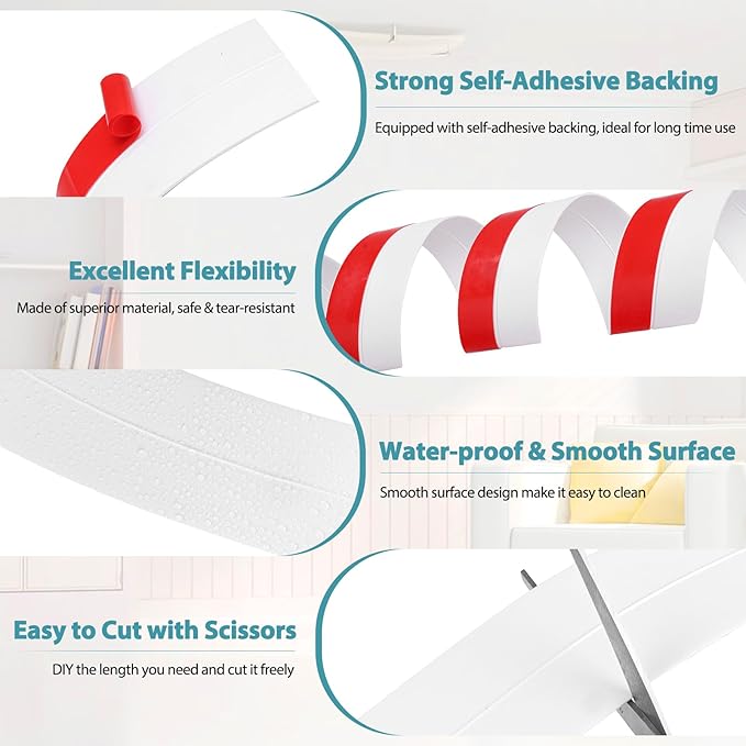 Weather Stripping Door Draft Stopper Flexible Self Adhesive Silicone Door Seal Strip for Glass Doors Windows and Shower Glass Gaps, 2 Inch Wide X 40 Feet Long, White