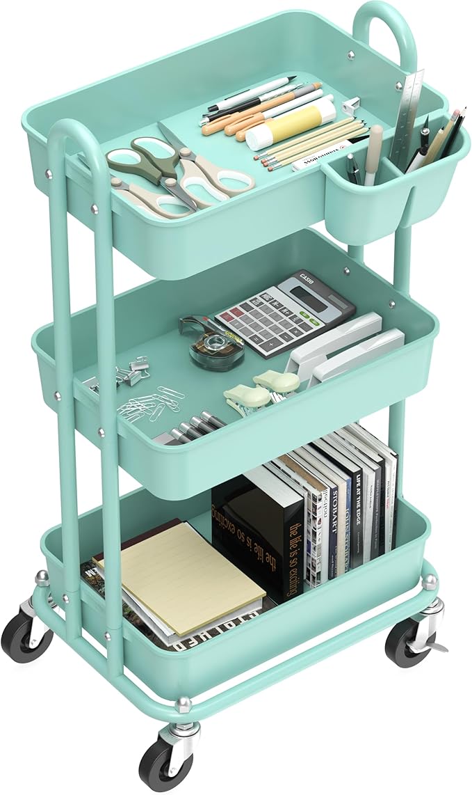 Simple Houseware 3-Tier Multifunctional Rolling Utility Cart with Hanging Bucket, Turquoise