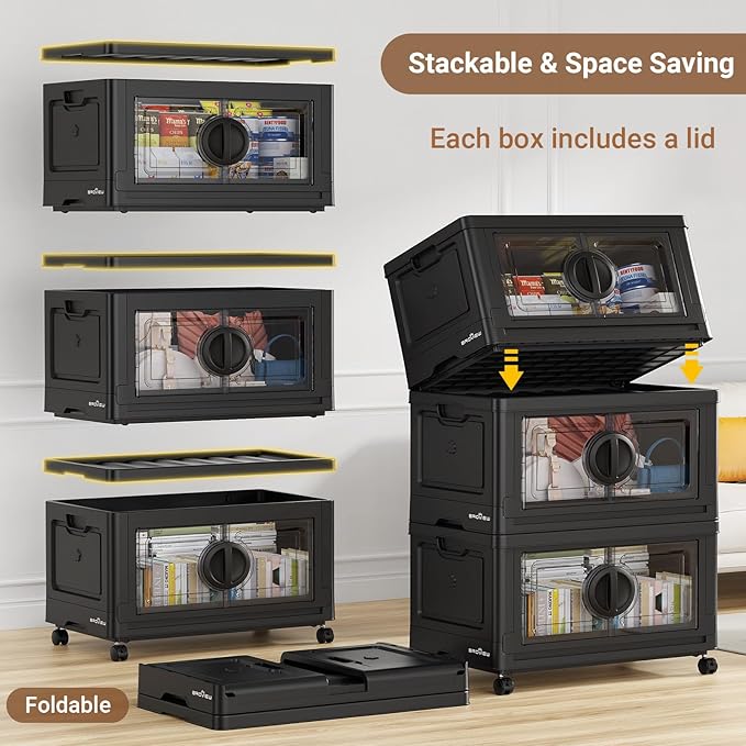 BROVIEW 360Qt Lockable Stackable Storage Bins with Lids, Closet Organizers and Storage Drawer, Collapsible Storage Bin with Wheels, Plastic Cabinet for Toy Clothes Dorm Organizer, V9 3 Pack Black