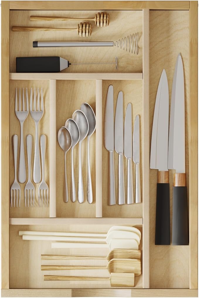 WelFurGeer Premium Wooden Silverware Organizer for Kitchen Drawers, Utensil Tray for Kitchen Drawer, Cutlery Drawer Organizer for Forks, Spoons, Knives - Sturdy Birchwood, Natural Finish