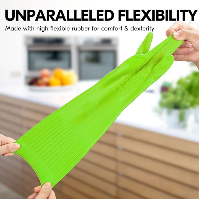 Vgo... 1-Pair Dishwashing Gloves, Reusable Household Gloves, Kitchen Gloves, Long Sleeve, Thick Latex, Cleaning, Washing, Working, Painting, Gardening, Pet Care (Size L,Green, RB2143)