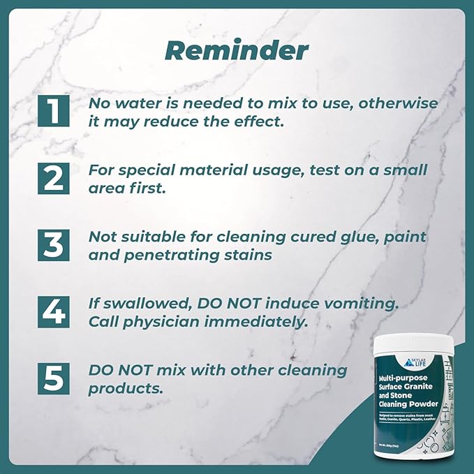 Skylarlife Multi-purpose Surface Stone Cleaning Powder (200g) to remove rust stain, yellowing, oil stains, from most marble, granite, quartz, concrete, countertop and other non-porous surface, remove adhesive spots and stains from boat and plastic and ...