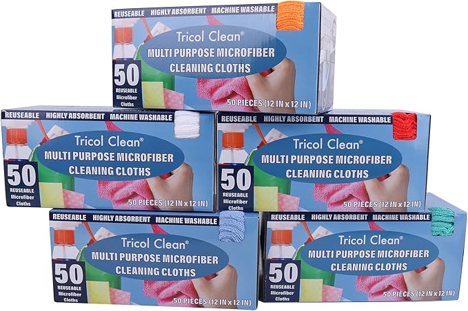 Tricol Clean Profesional Resuable Lint Free Microfiber Edgeless Cleaning Cloth 50PK Cleaning Rags,Absorbent Microfiber Wipes in Dispenser Box for Housekeeping, Car Cleaning (12 * 12 Inches) (blue1)