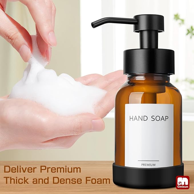 GMISUN Amber Foam Soap Dispenser, 8.5 Fl oz Amber Glass Foaming Hand Soap Dispenser for Bathroom & Kitchen, 2 Pcs Modern Refillable Foaming Soap Dispensers, Foam Pump Bottle with Label & Silicone Boot