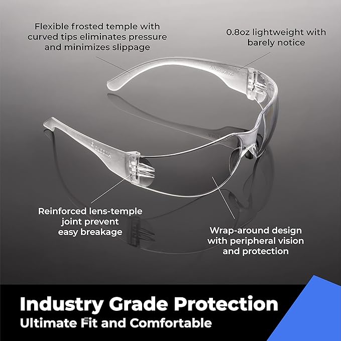 amoolo Clear Safety Glasses Bulk of 48, Protective Eyewear for Men Women, ANSI Z87.1 Impact Resistant Eye Protection for Work, Lab, Construction