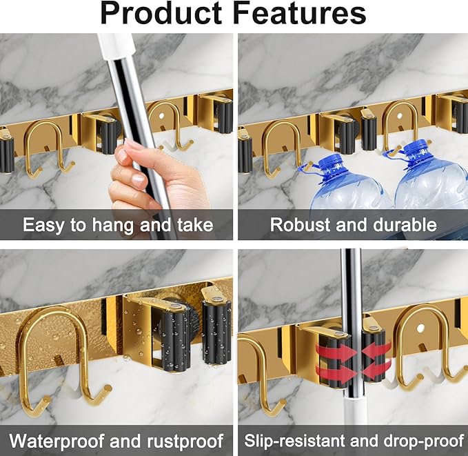 Mop Broom Holder Wall Mount, 2 Packs Gold Stainless Steel Tool Storage Organizer for Kitchen Garden Garage Laundry Room Bathroom and RV with 4 Slots 6 Hooks