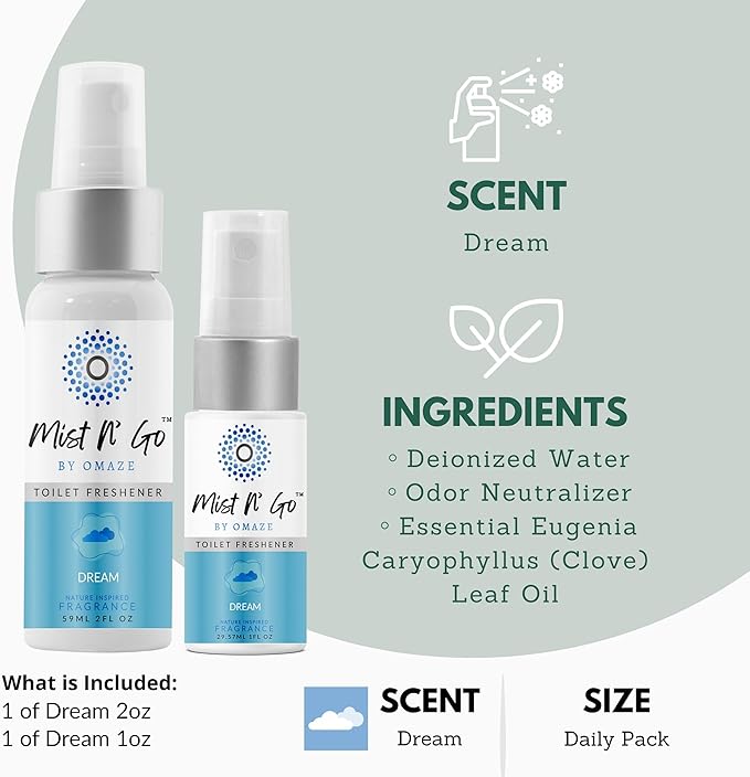 Mist N' Go by Omaze Travel Toilet Spray - Odor Eliminator and Bathroom Air Freshener Deodorizer - Dream Daily Pack (2oz x1 + 1oz x1)