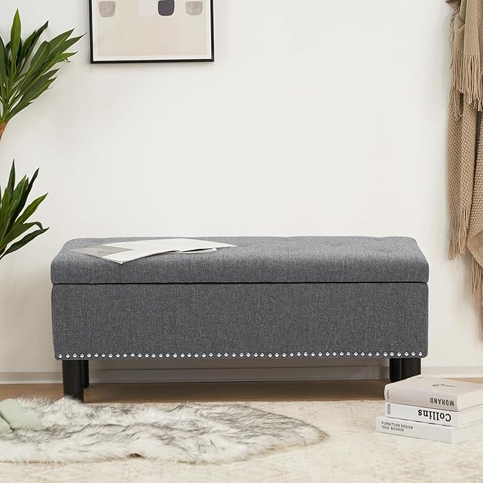 Furnimart 42.5 Inch Storage Ottoman Bench, Flip Top End of Bed Storage Bench, Upholstered Blanket Bench for Bedroom, Entryway, Living Room, Tufted Linen (Dark Grey)