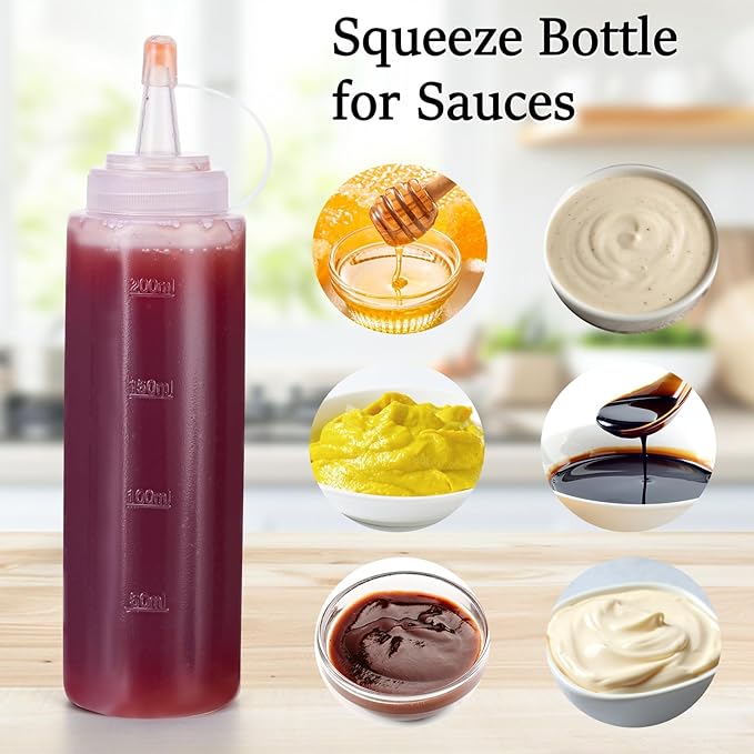 Condiment Squeeze Bottles Ketchup Dispenser, 4 Pack 8oz Squeeze Bottles for Liquids, Plastic Sauce Bottle with Cap Lid, Squirt Bottles for Sauces Liquids BBQ Dressing Pancake Art