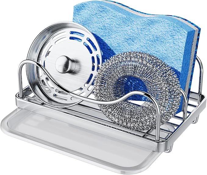 Consumest Sponge Holder for Kitchen Sink - Movable Sink Caddy for Countertop Organizer, 304 Stainless Steel Sponge Holder with Detachable Drip Tray for Kitchen Accessories-Silver
