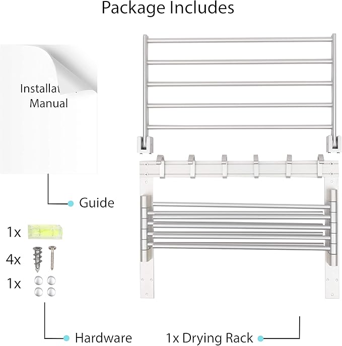 brightmaison BGT Wash Clothes Drying Rack Wall Mount Laundry Room Organizer with Hooks & Swing Arms, 17" Metal Laundry Rack Silver
