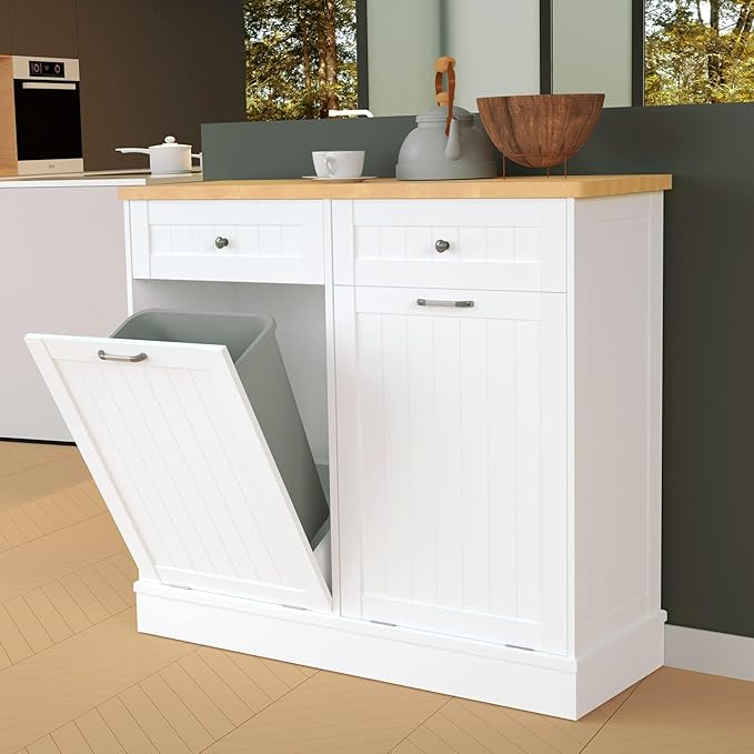 Betterhood Tilt Out Trash Cabinet 10 Gallon Wooden Free Standing Laundry Sorter Cabinet,Recycling Cabinet with Hideaway Drawer,Tilt Out Trash Cabinet Can Bin Kitchen