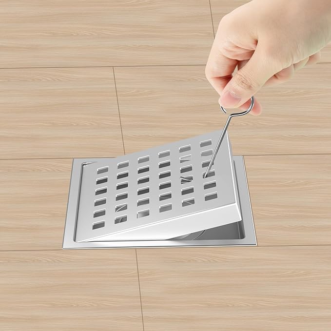 4-3/8 Inch Square Shower Drain Chrome, Bathroom Floor Drain, Stainless Steel Drain Kit with ABS Flange, Removable Grid Cover, Hair Strainer