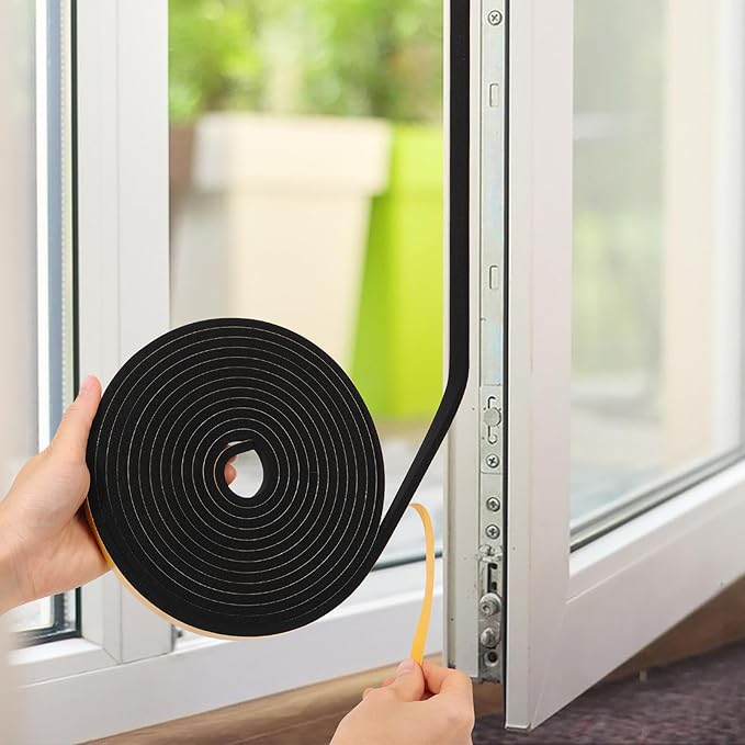 Weather Stripping Door Seal Strip (1/2 Inch X 1/4 Inch X 16Feet), Strong Adhesive, Lightproof, Soundproof, Weatherproof Foam Tape Insulation for Sliding Door, Front Door Frame, Windows- Black