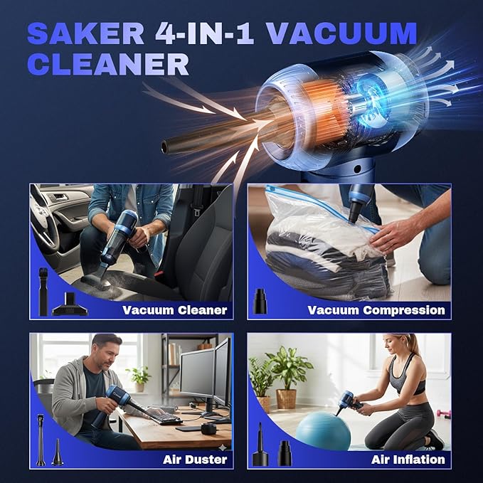 Saker Car Vacuum Portable Cordless 20000Pa Suction Power 4 in 1 Handheld Vacuum with LED Light Type-C Portable Mini Vacuums for Car, Home, Office, Pet HL157 Blue